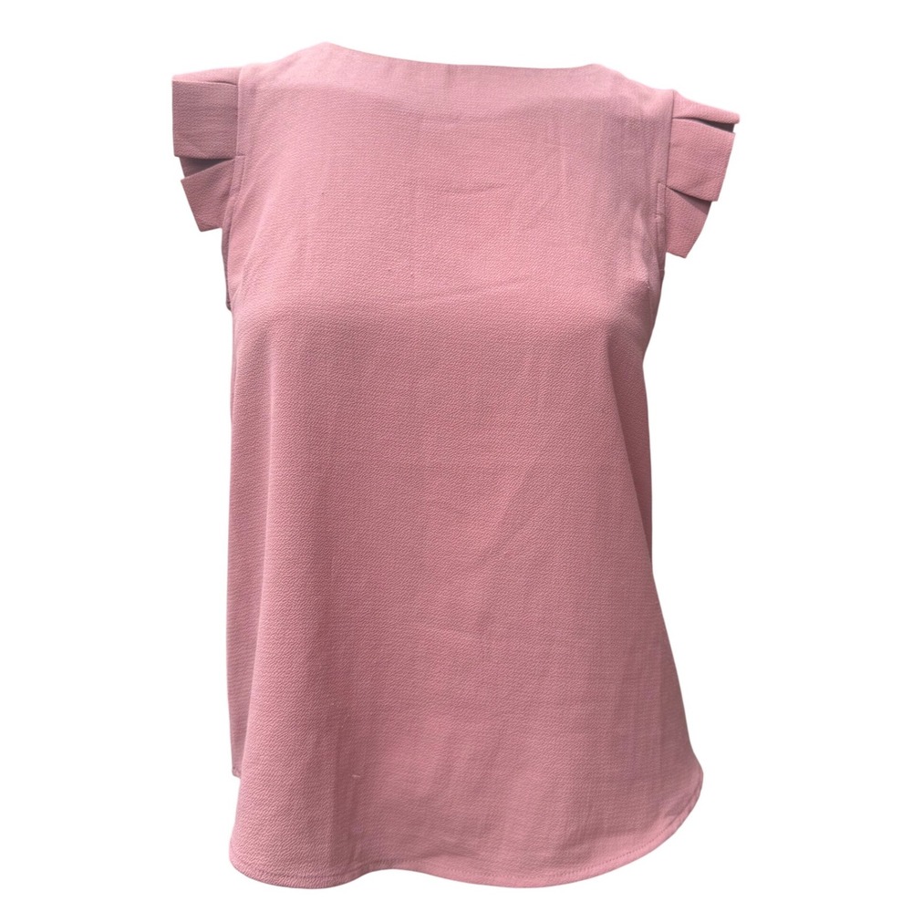 Monteau Ruffle Cap Sleeve Blouse Mauve Pink Pleated Keyhole Back Chic Top XS